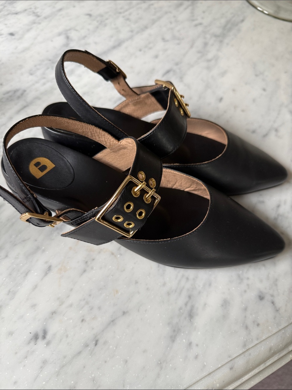 Bared Footwear Black Pointed Slingback Heels with Gold Buckle